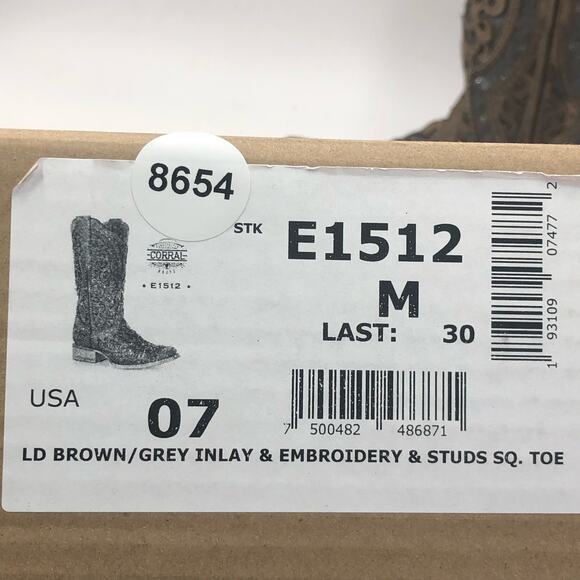 Corral Inlay Flower Embroidery Studded Leather Square Toe Western Boots Size 7 - Picture 14 of 14